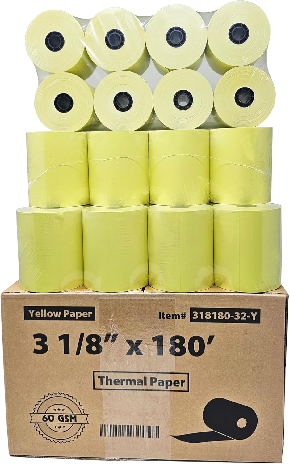 (32 Rolls) 3 1/8 x 180 Yellow Thermal Paper Receipt Rolls (60 GSM Paper Thickness) fits all Clover POS Cash Register Printers, Yellow Thermal Paper from Fast Print