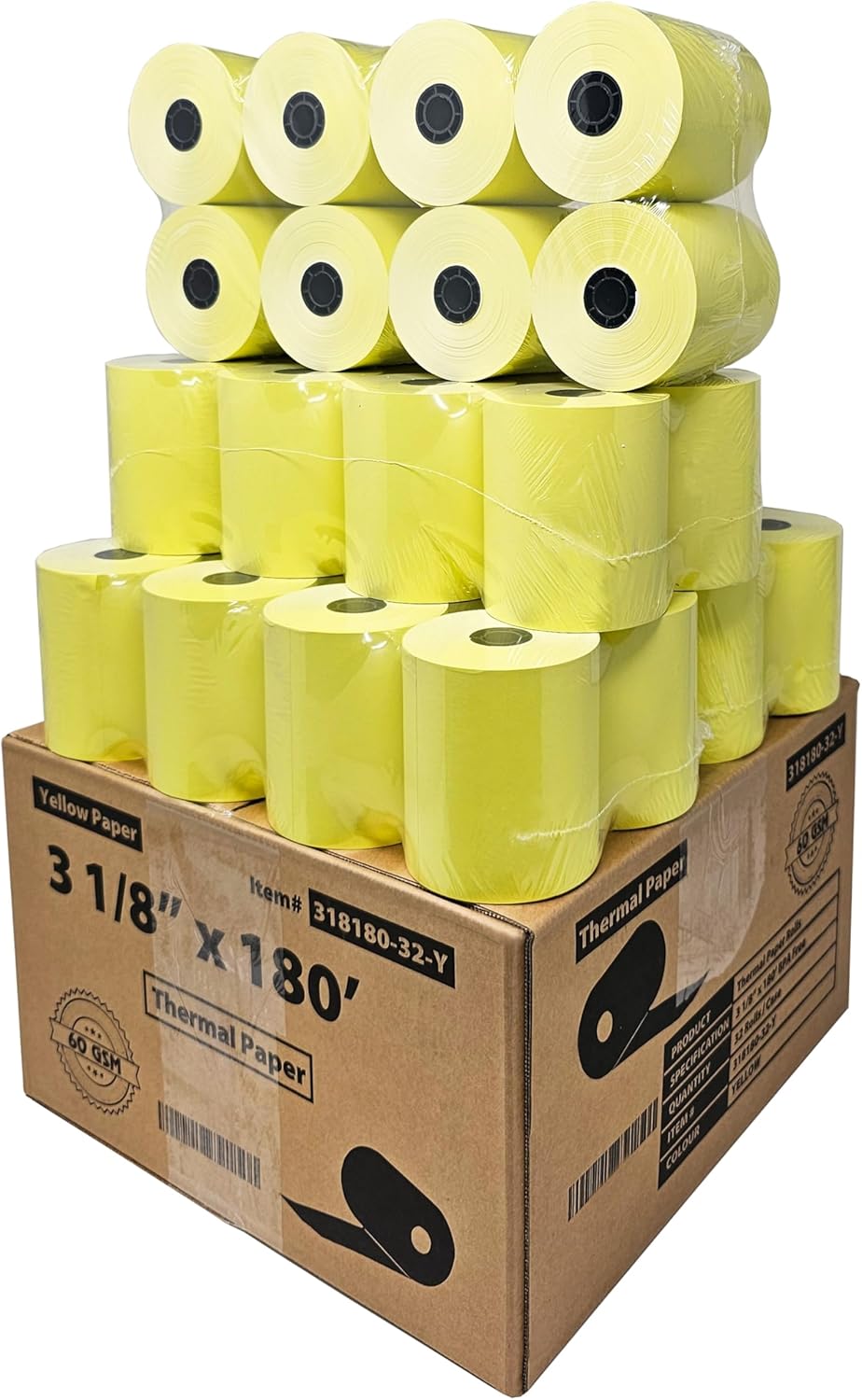 (32 Rolls) 3 1/8 x 180 Yellow Thermal Paper Receipt Rolls (60 GSM Paper Thickness) fits all Clover POS Cash Register Printers, Yellow Thermal Paper from Fast Print